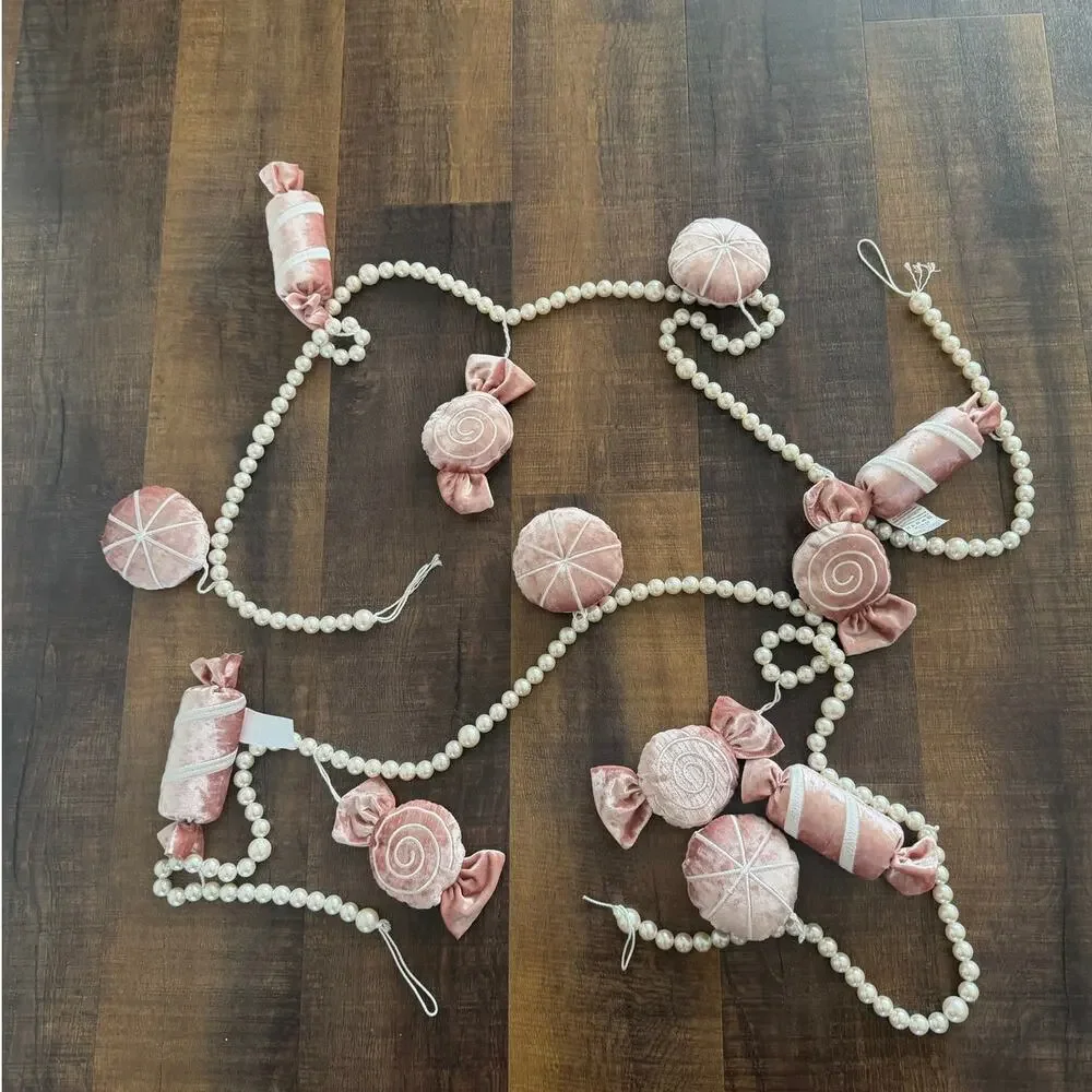 Martha Stewart Candy Shop Christmas Garland Pink Velvet Candy Pearl Bead 6 Ft